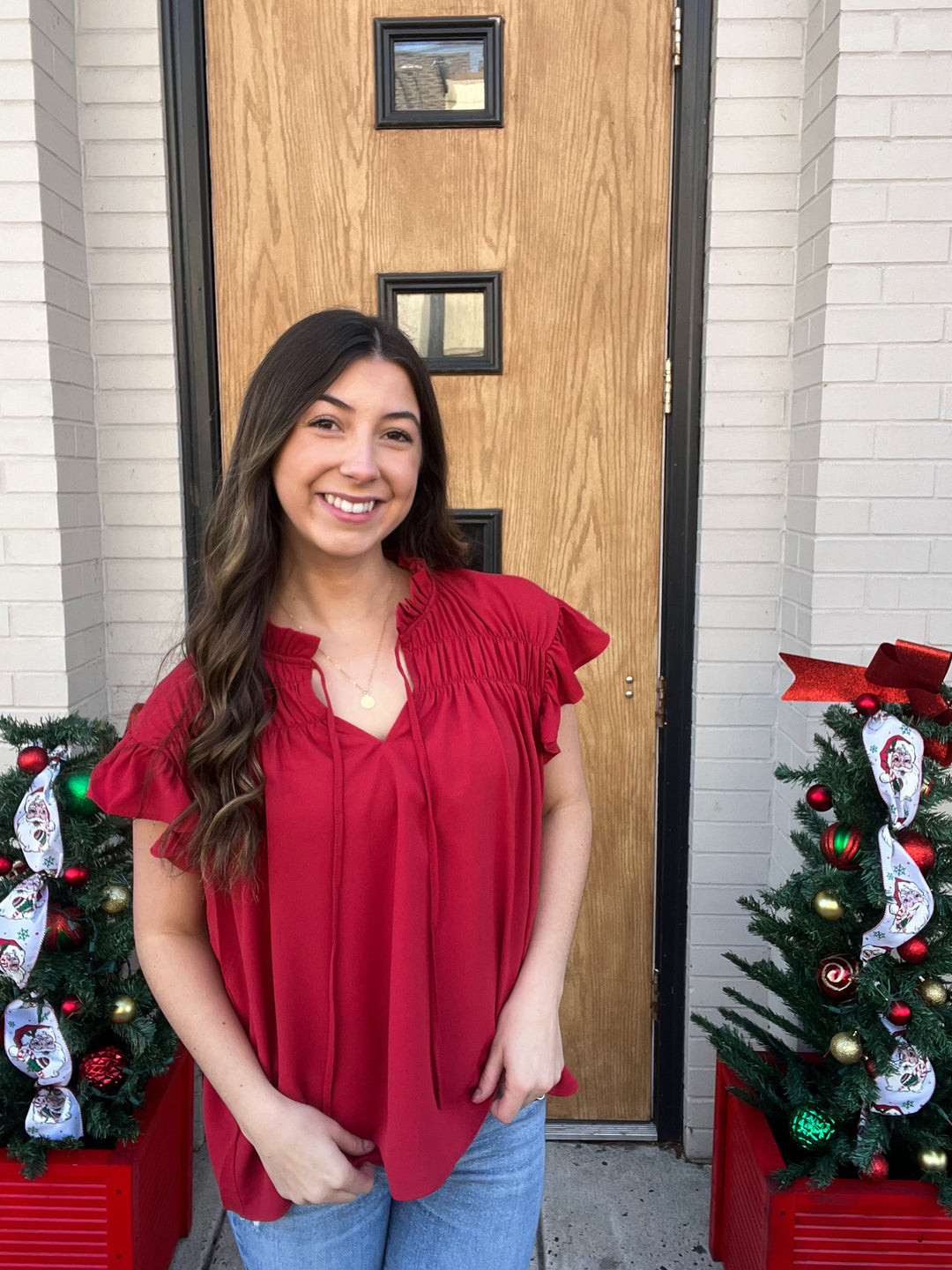 SOLID RUFFLE BLOUSE W/ NECK TIE