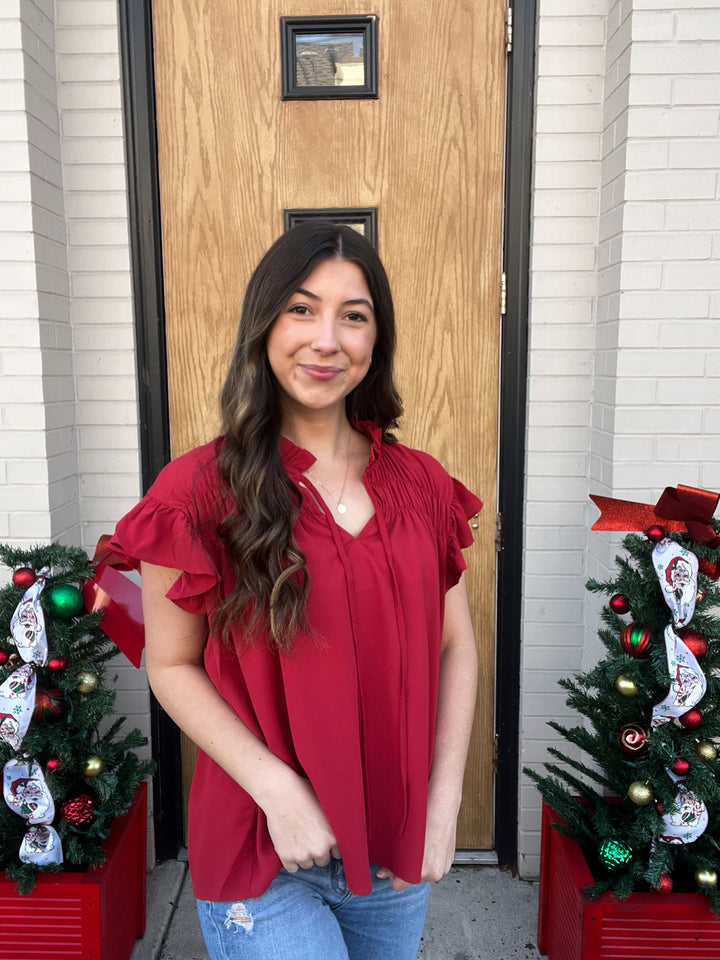 SOLID RUFFLE BLOUSE W/ NECK TIE