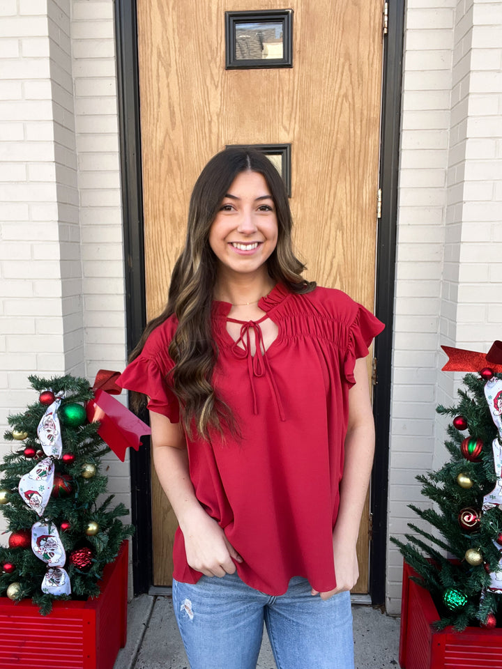 SOLID RUFFLE BLOUSE W/ NECK TIE