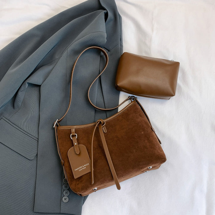 Suede Shoulder Bag and PU Leather Clutch 2 Piece Set