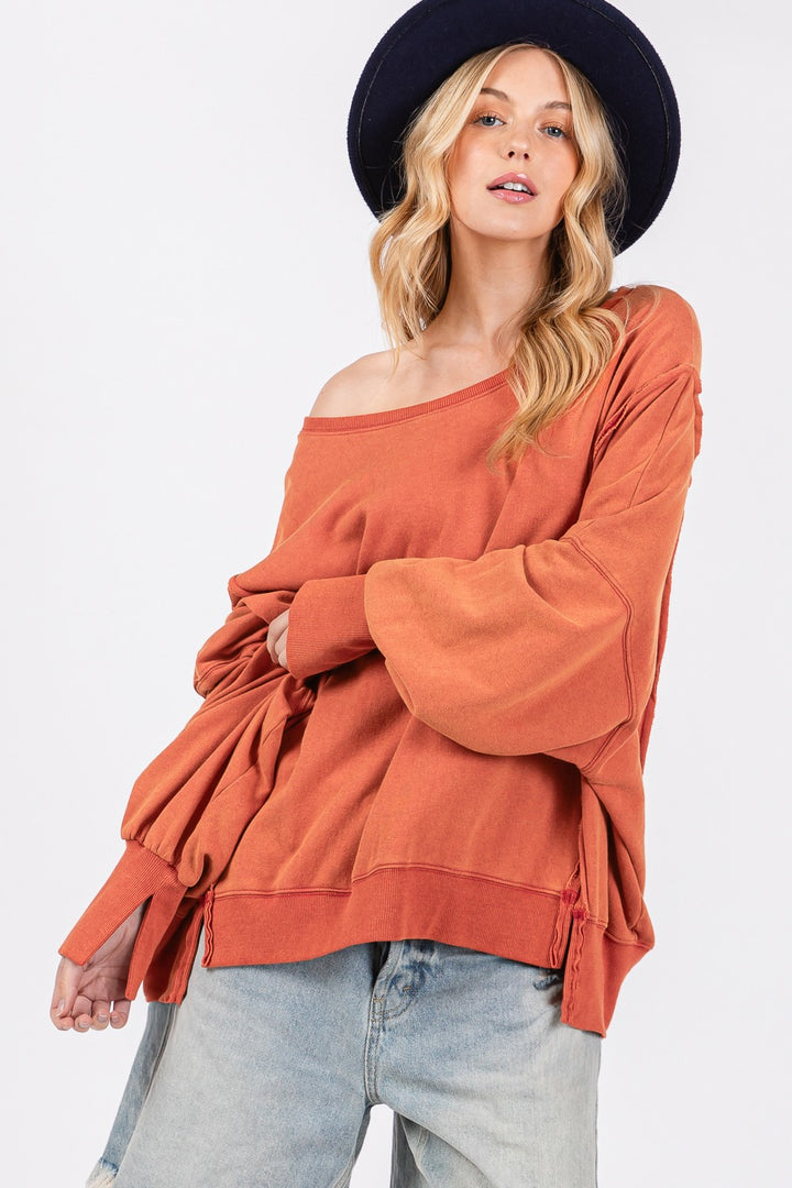 SAGE + FIG Mineral Wash Side Slit Oversized Sweatshirt