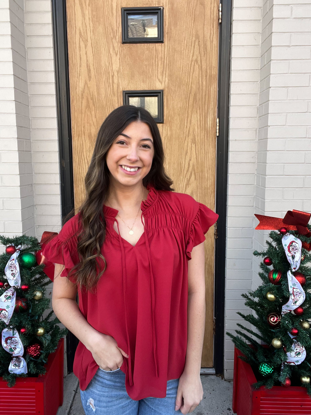 SOLID RUFFLE BLOUSE W/ NECK TIE