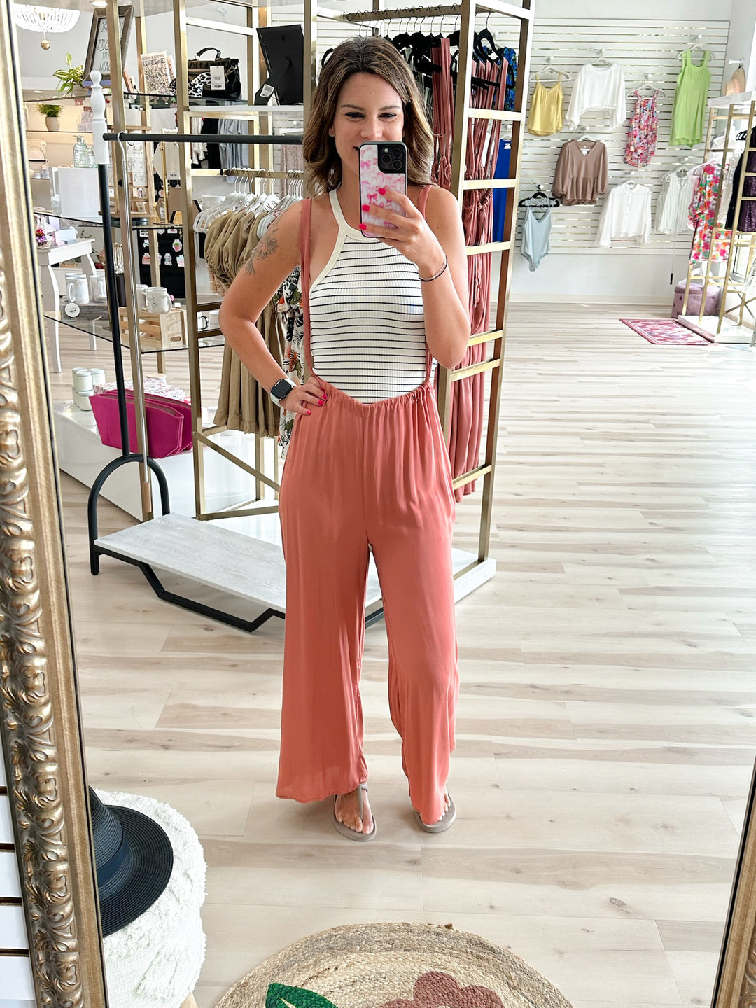 WOVEN TIE BACK SUSPENDER JUMPSUIT WITH POCKETS