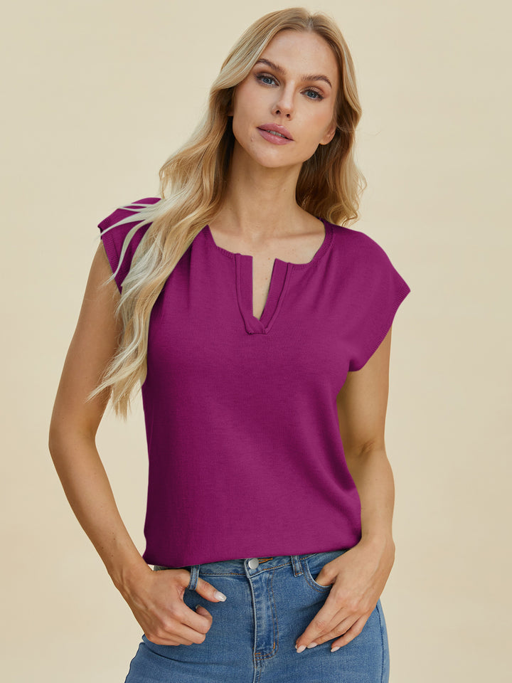 Double Take Full Size Notched Cap Sleeve Knit Top