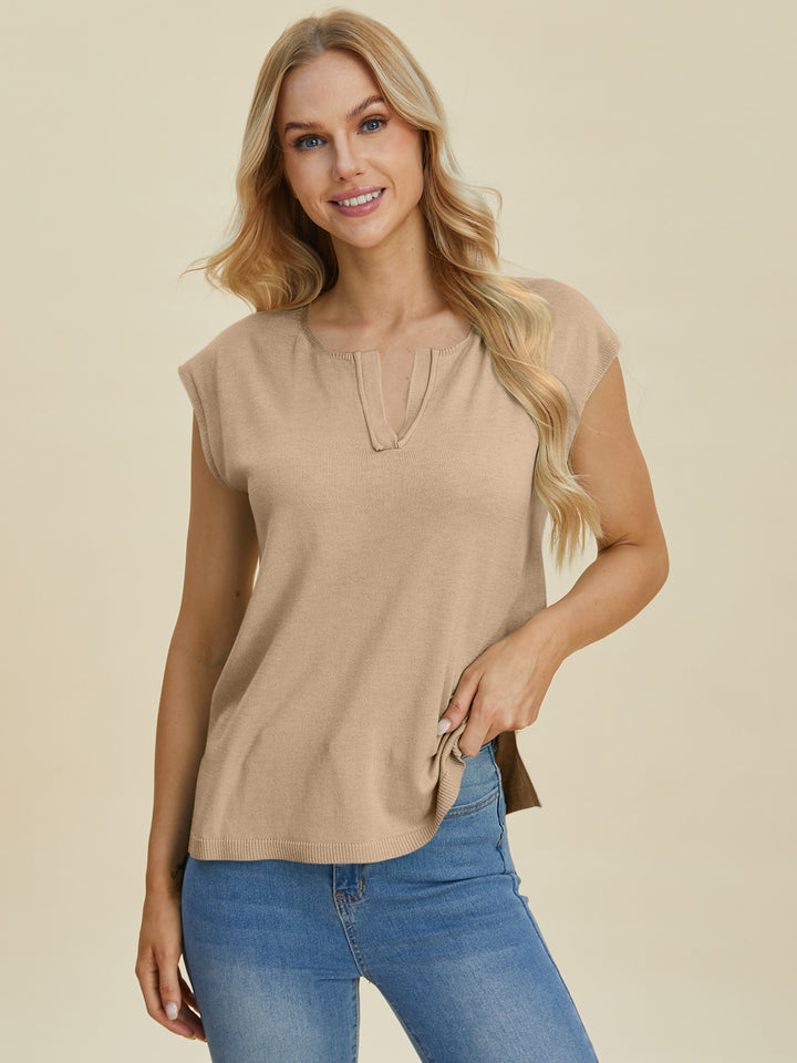 Double Take Full Size Notched Cap Sleeve Knit Top