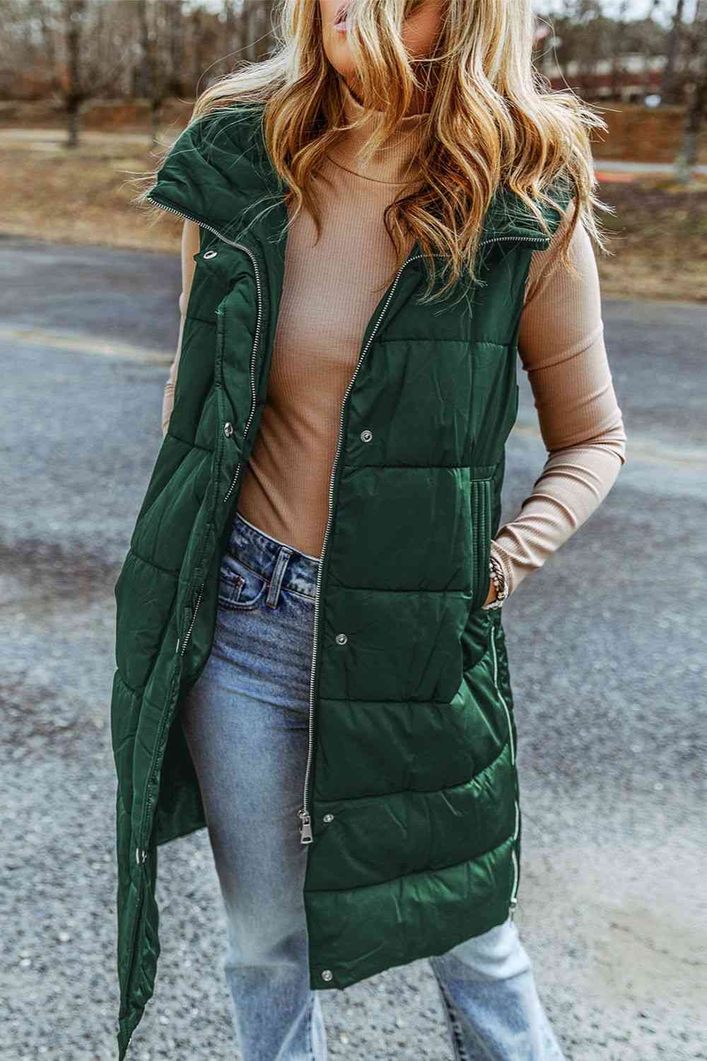 Longline Hooded Sleeveless Puffer Vest - The Teal Antler Boutique