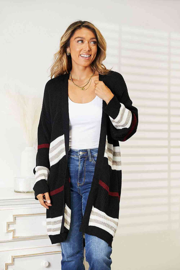 Double Take Striped Rib-Knit Drop Shoulder Open Front Cardigan - The Teal Antler Boutique