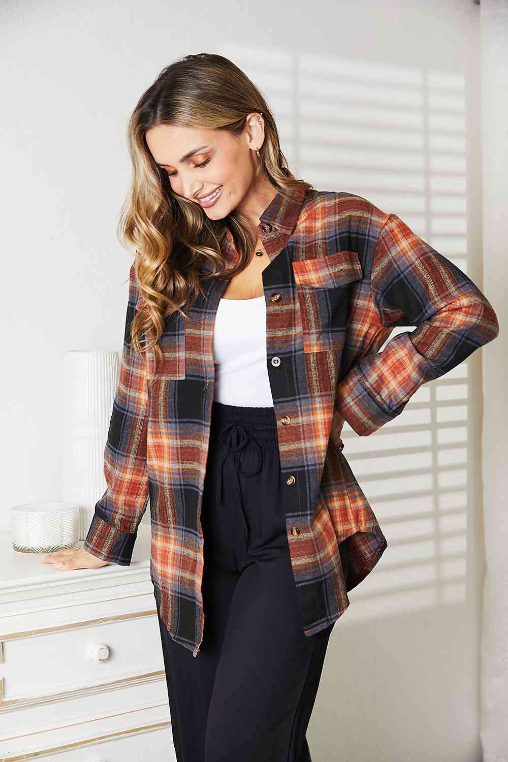 Double Take Plaid Dropped Shoulder Shirt - The Teal Antler Boutique