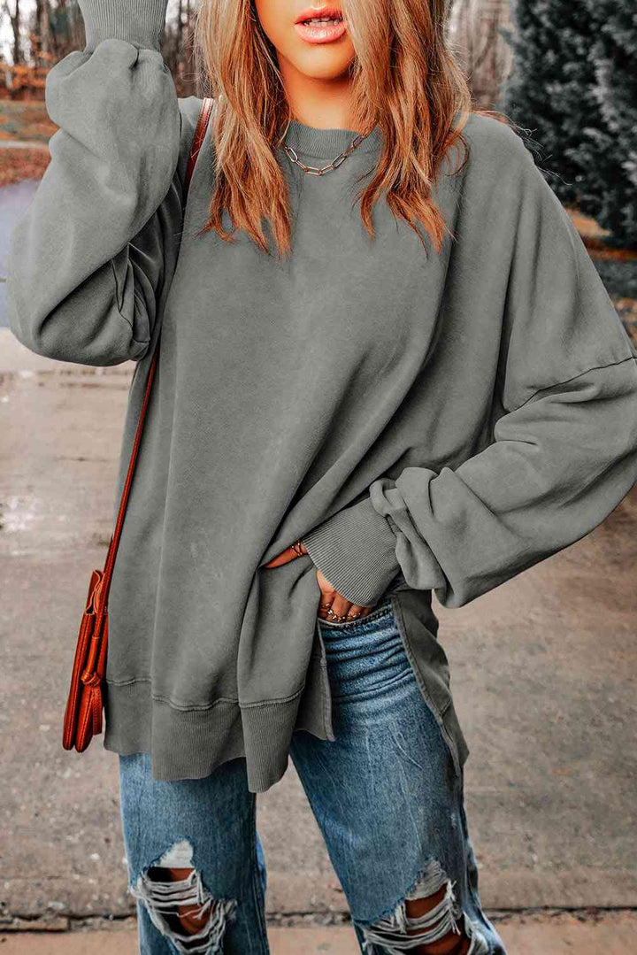 Dropped Shoulder Round Neck Long Sleeve Blouse - The Teal Antler Boutique